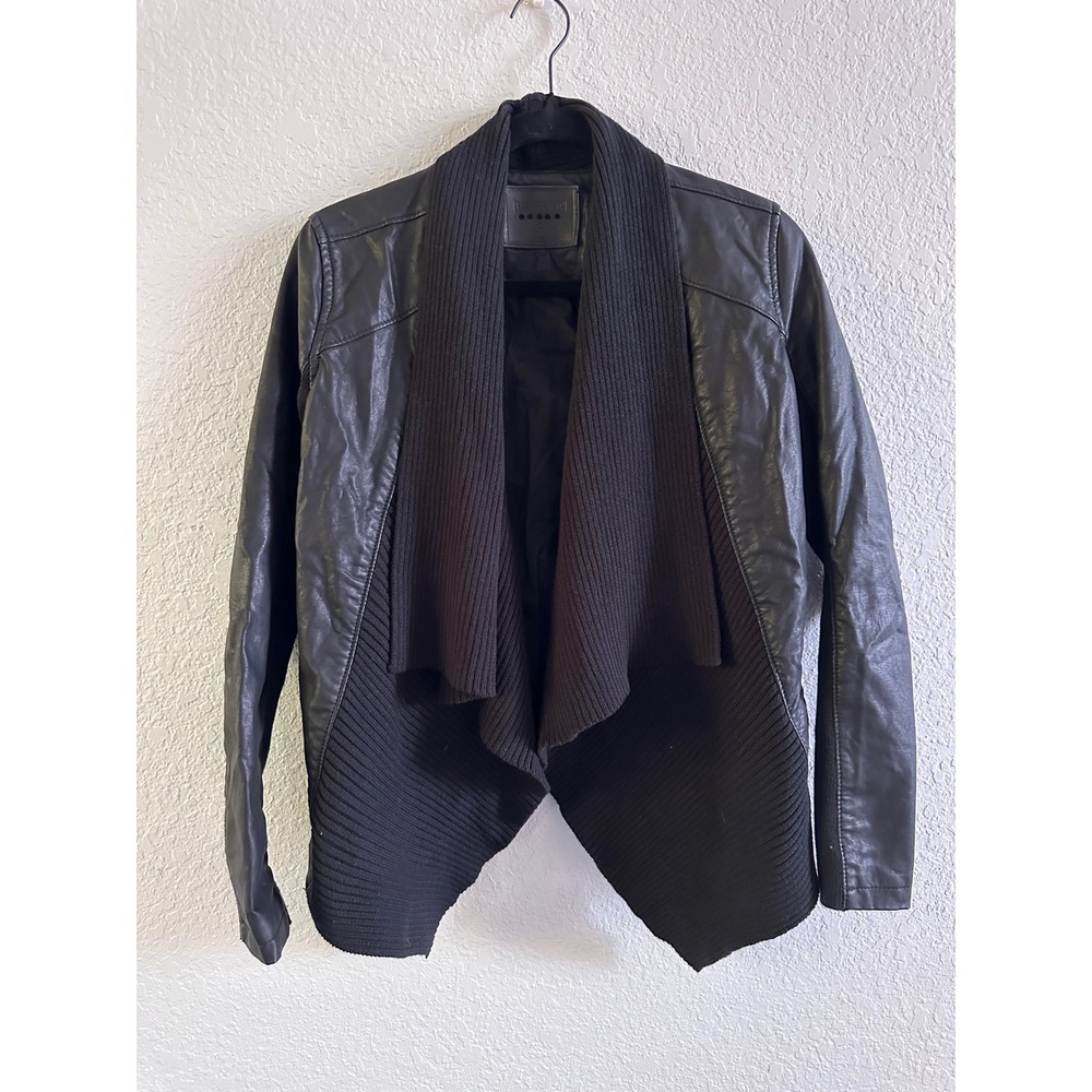 Blank NYC Black Vegan Leather Ribbed Knit Draped Open Front Jacket 01V-9326NO S